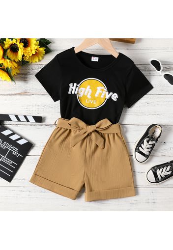 2pcs Kid Girl Letter Print Short-sleeve Black Tee and Belted Shorts Set