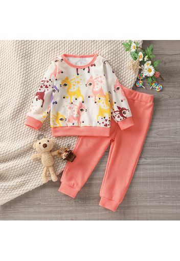 2-piece Toddler Girl Deer Print Waffle Textured Long-sleeve Top and Solid Color Pants Set