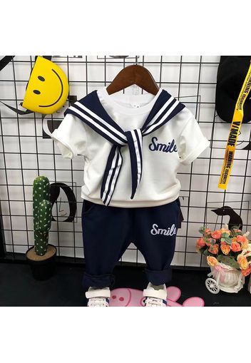 3pcs Toddler Boy Preppy style Letter Print Tee & Striped Sailor Collar Cape and Pants Set