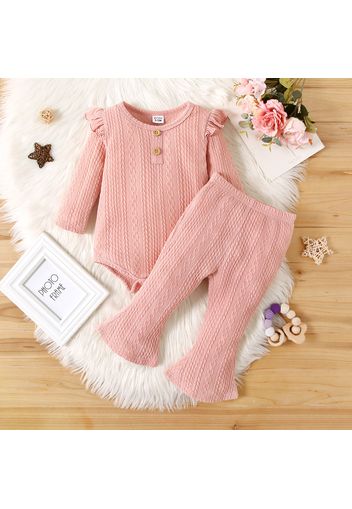 2pcs Baby Girl Solid Cable Knit Textured Long-sleeve Romper and Flared Pants Set