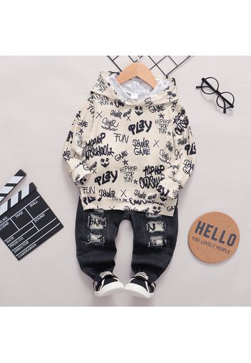 2pcs Kid Boy Letter Allover Print Hoodie Sweatshirt and Patchwork Ripped Denim Jeans Set