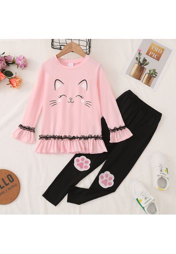 2-piece Kid Girl Cat Print Lace Ruffled Design Long-sleeve Pink Top and Paw Print Black Pants Set