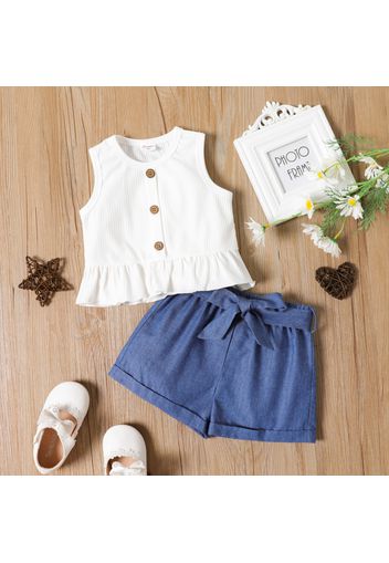 2pcs Toddler Girl Button Design Ruffle Hem White Sleeveless Tee and Belted Denim Shorts Set