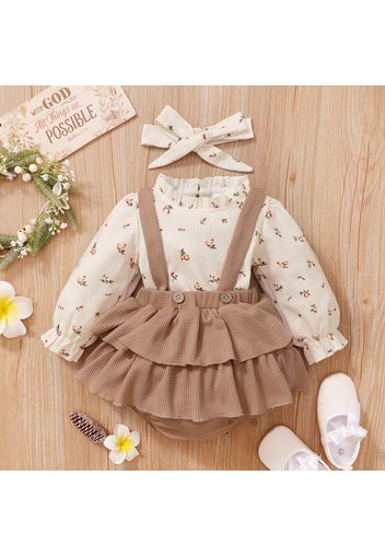 3pcs Baby Floral Print Long-sleeve Top and Ruffle Suspender Skirted Shorts Set