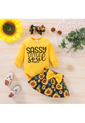 3pcs Baby Girl Letter Print Ribbed Long-sleeve Romper with Sunflowers Floral Print Skirt and Headband Set