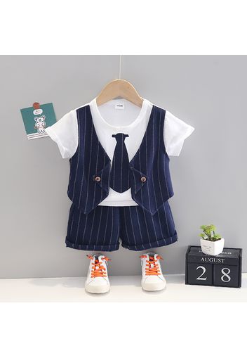 2pcs Toddler Boy Gentleman Suit Stripe Faux-two Tee and Shorts Set