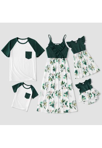 Family Matching Dark Green V Neck Spaghetti Strap Ruffle Splicing Floral Print Dresses and Raglan-sleeve T-shirts Sets