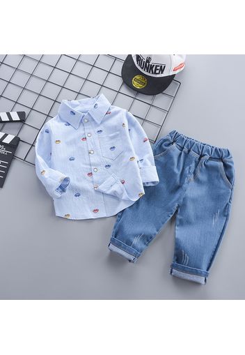 2-piece Toddler Boy Car Print Lapel Collar Button Down Long-sleeve Shirt and Jeans Denim Pants Set