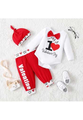 Valentine's Day 3pcs Baby Boy/Girl Love Heart Letter Print Long-sleeve Bow Tie Romper and Trousers with Hat Set