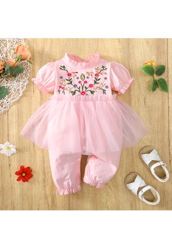 100% Cotton Baby Girl Floral Embroidered Pink Frill Puff Sleeve Splicing Mesh Jumpsuit