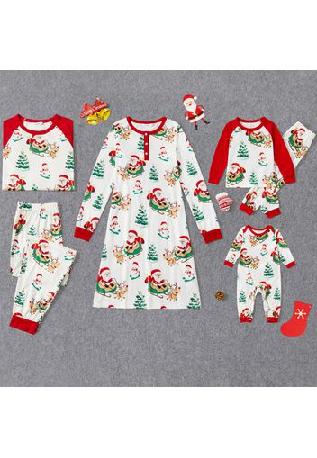 Christmas Santa on Sleigh with Reindeer Print Family Matching Long-sleeve Pajamas Sets (Flame Resistant)