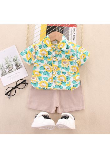 100% Cotton 2pcs Baby Boy Allover Floral Print Short-sleeve Shirt and Solid Shorts Set