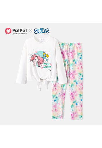 Smurfs  2-piece Kid Girl Unicorn Print Tie Knot Long-sleeve Tee and Tie Dye Pants Set