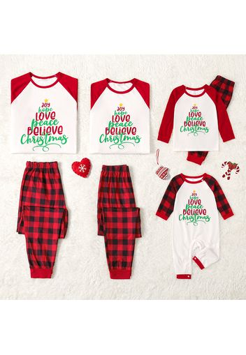 Christmas Letter Print Red Family Matching Raglan Long-sleeve Plaid Pajamas Sets (Flame Resistant)