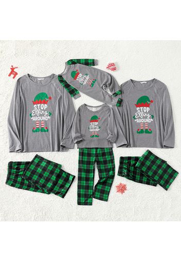 Christmas Theme Letter and Green Plaid Print Long-sleeve Family Matching Pajamas Set (Flame Resistant)