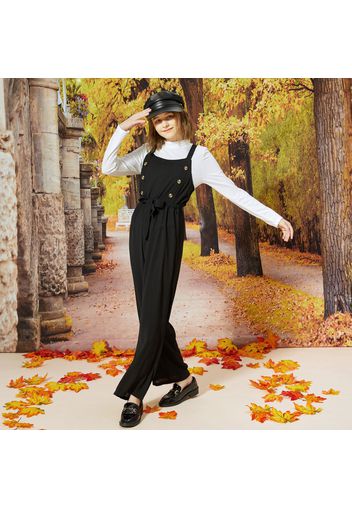 2-piece Kid Girl Mock Neck Long-sleeve White Top and Button Design Belted Black Overalls Set