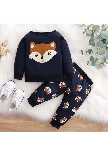 2pcs Cartoon Fox Pattern Navy Baby Long-sleeve Cotton Pullover and Pants Set