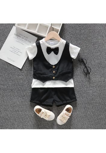 2pcs Toddler Boy Gentleman Suit, Faux-two Bow tie Design Top and Shorts Party Set