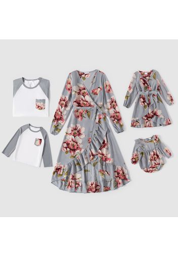 Family Matching Allover Floral Print Long-sleeve Wrap Belted Dresses and Color Block T-shirts Sets