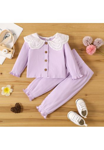 2pcs Baby Girl Statement Collar Long-sleeve Button Front Purple Rib Knit Top and Pants Set