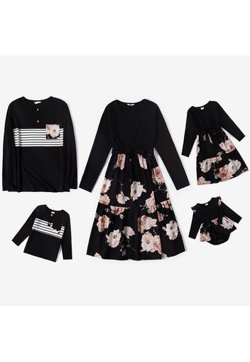 Family Matching Floral Print Black Long-sleeve Belted Splicing Dresses and Striped T-shirts Sets