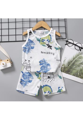 2pcs Toddler Boy Playful Letter Dinosaur Print Tank Top & Shorts Set