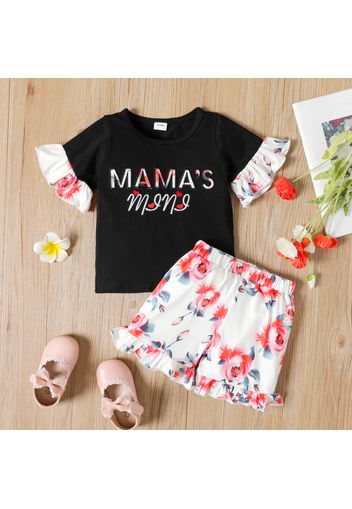 Mother's Day 2-piece Toddler Girl Letter Print Ruffle-sleeve Tee and Floral Print Shorts Set