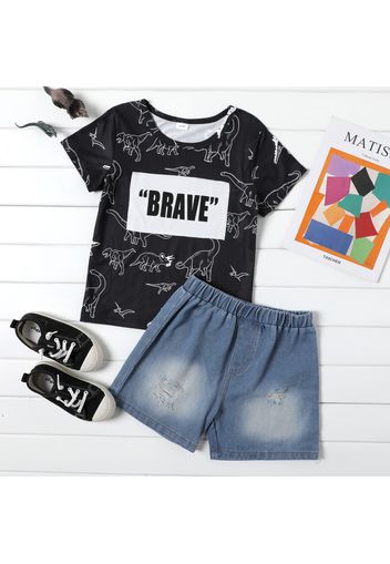 2-piece Kid Boy Letter Dinosaur Print Black Tee and Elasticized Ripped Denim Shorts Set