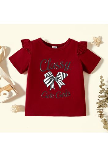 Toddler Graphic Bowknot and Letter Print Ruffled Short-sleeve Tee