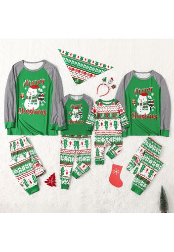 Christmas Snowman and Letters Print Green Family Matching Long-sleeve Pajamas Sets (Flame Resistant)