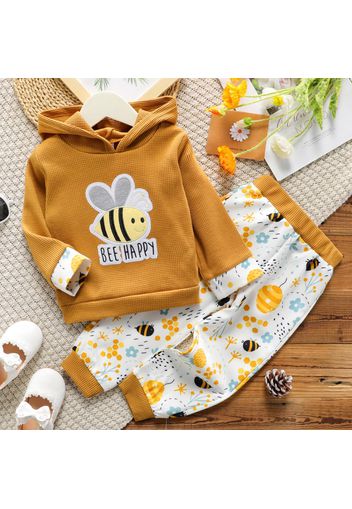 2-piece Toddler Girl Letter Bee Embroidered Waffle Hoodie Sweatshirt and Floral Print Pants Set