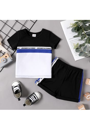 2pcs Baby Boy Letter Print Webbing Colorblock Short-sleeve T-shirt and Shorts Set