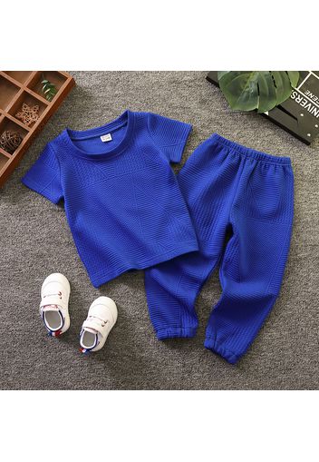 2pcs Toddler Boy Textured Blue Tee and Elasticized Pants Set