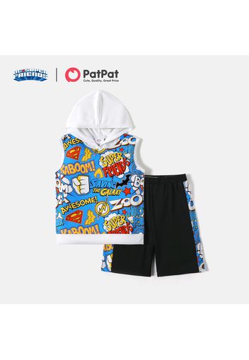 Superman 2pcs Kid Bot Letter Print Hooded Sleeveless Tee and Colorblock Shorts Set