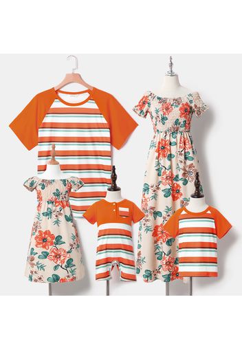 Family Matching Floral Print Off Shoulder Shirred Dresses and Short Raglan Sleeve Striped T-shirts Sets