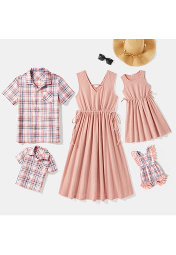 Family Matching Solid Textured V Neck Drawstring Tank Dresses and Short-sleeve Plaid Shirts Sets