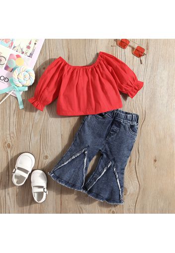 2pcs Baby Girl 100% Cotton Long-sleeve Top and Bell Bottom Jeans Set