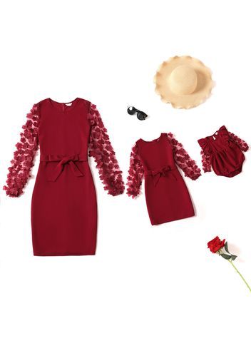 3D Floral Appliques Mesh Long-sleeve Belted Bodycon Dress for Mom and Me