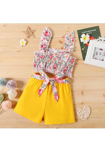 2pcs Kid Girl Floral Print Ruffled Smocked Camisole and Belted Shorts Set