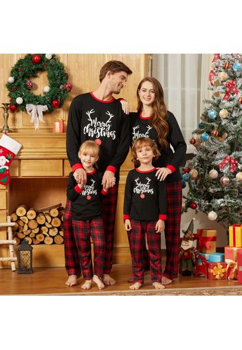 Christmas Antlers and Letter Print Black Family Matching Long-sleeve Plaid Pajamas Sets (Flame Resistant)