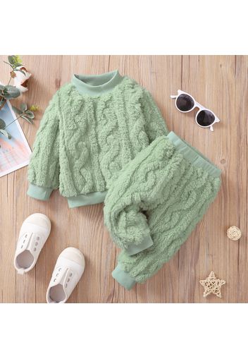 2pcs Baby Girl Solid Fuzzy Fleece Long-sleeve Pullover and Trousers Set