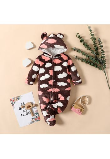 Baby Girl All Over Cloud Print Coffee Thickened Flannel 3D Ears Hooded Long-sleeve Footed Jumpsuit