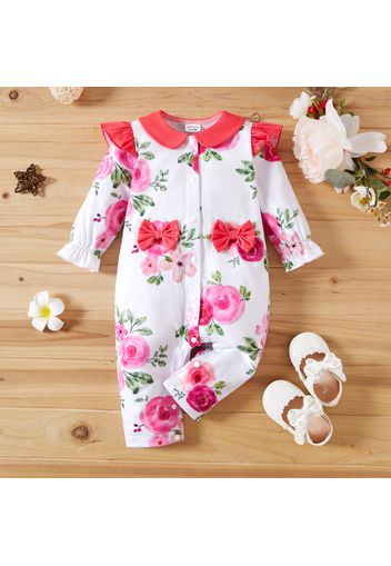 Baby Girl Doll Collar Bowknot Floral Print/Solid Ruffled Long-sleeve Jumpsuit