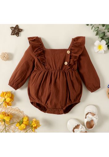 Baby Girl Solid Brown/White Floral Print Square Neck Long-sleeve Ruffle Romper