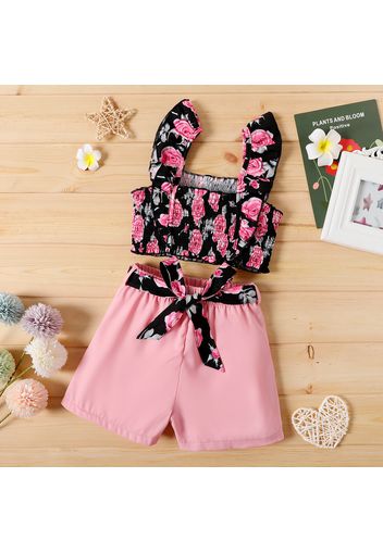 2pcs Kid Girl Floral Print Ruffled Smocked Camisole and Belted Shorts Set