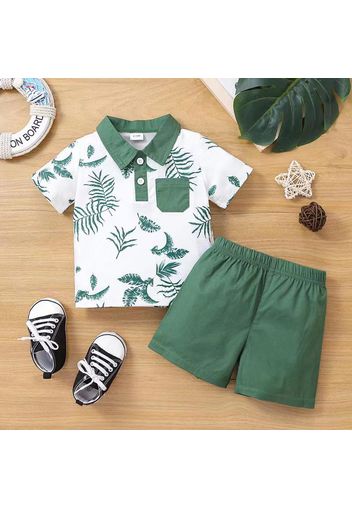 2pcs Baby Boy All Over Plant Print Short-sleeve Contrast Collar Polo Shirt and Solid Shorts Set