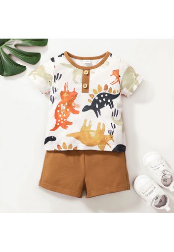 2pcs Baby Boy Button Design All Over Dinosaur Print Short-sleeve T-shirt and Solid Shorts Set