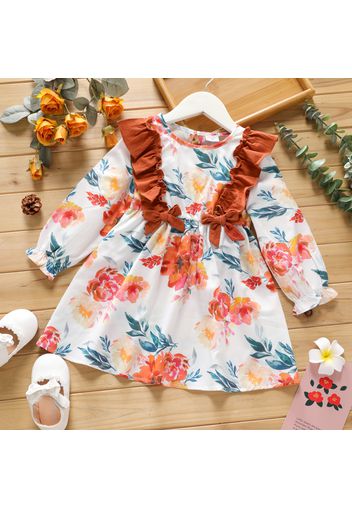 Toddler Girl Floral Print Bowknot Design Ruffled Long-sleeve Dress