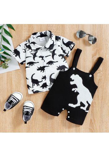 2pcs Baby Boy All Over Dinosaur Print Short-sleeve Shirt and Overalls Shorts Set