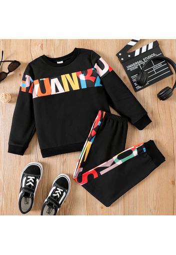 2pcs Kid Boy Letter Print Colorblock Pullover Sweatshirt and Elasticized Pants Set